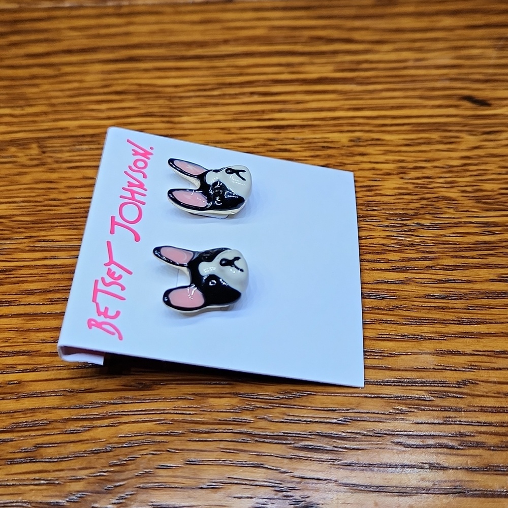 Betsey Johnson French Bulldog Stud Earrings - Black, Pink, Cream - Picture 2 of 4